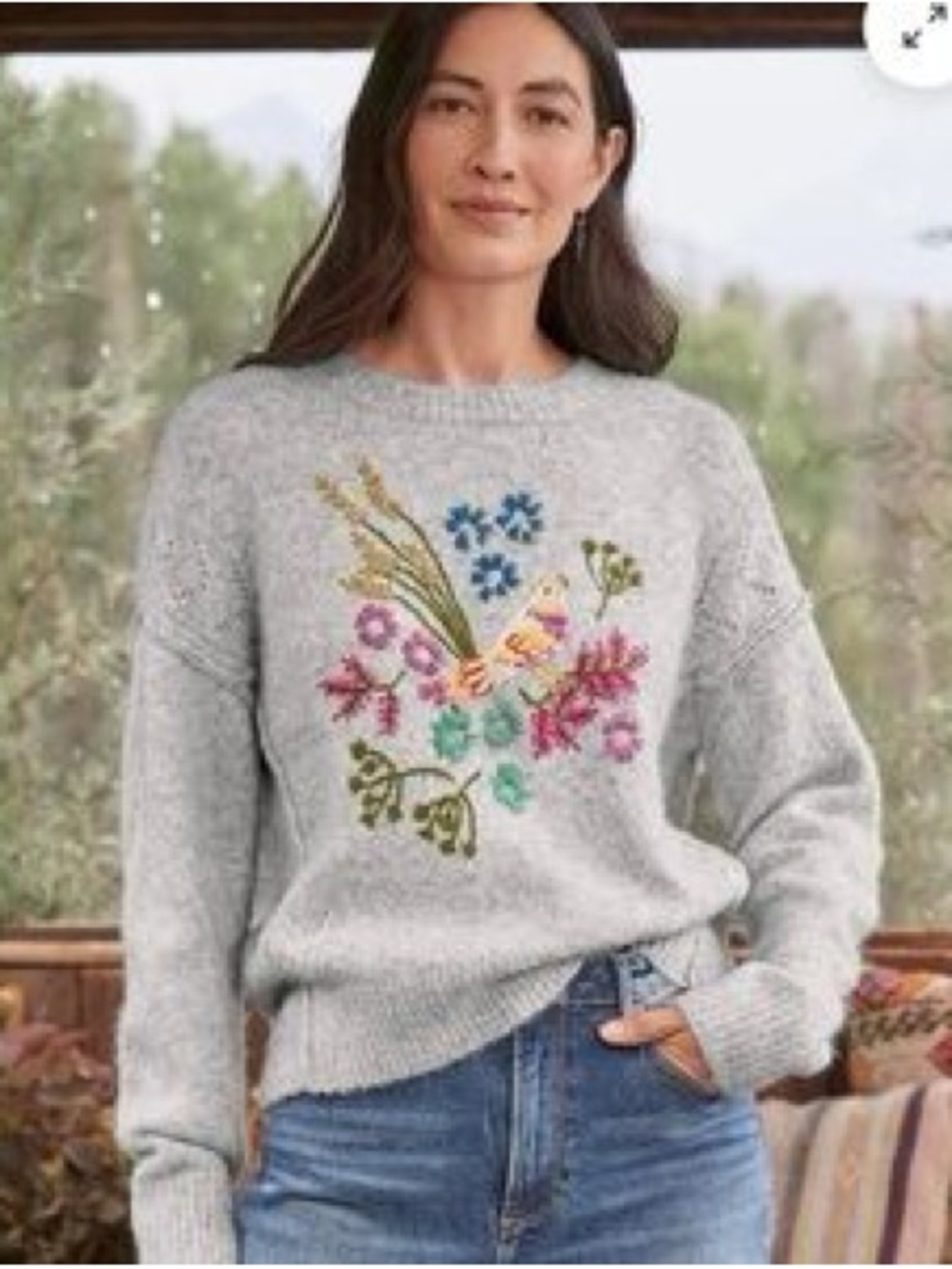 Sundance Flight Of Fancy Embroidered Crewneck Sweater  Floral Bird Size Small